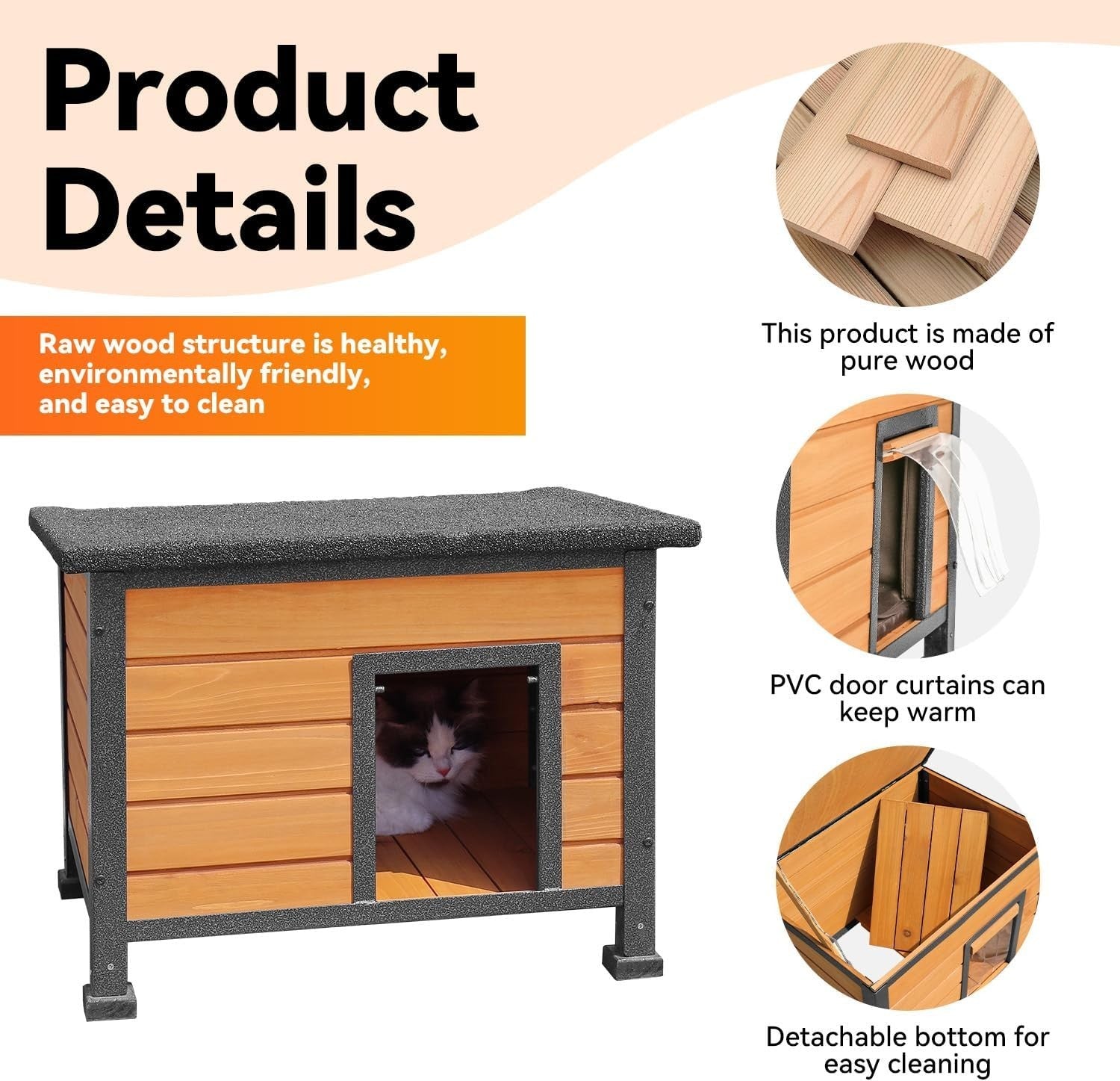 Insulated Wooden Cat House with Metal Frame & Waterproof Roof 57x45x43cm - Kwikley