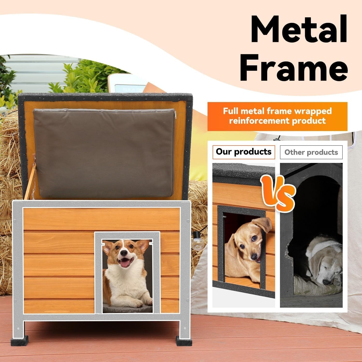 Insulated Wooden Cat House with Metal Frame & Waterproof Roof 57x45x43cm - Kwikley