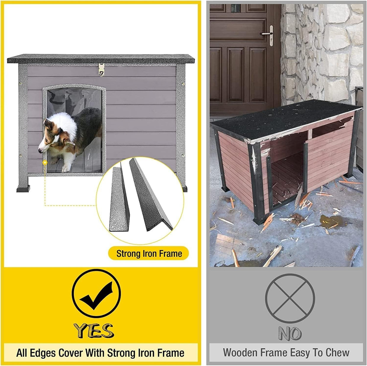 Insulated Wooden Dog House with Iron Frame Weatherproof Kennel Indoor Outdoor - Kwikley