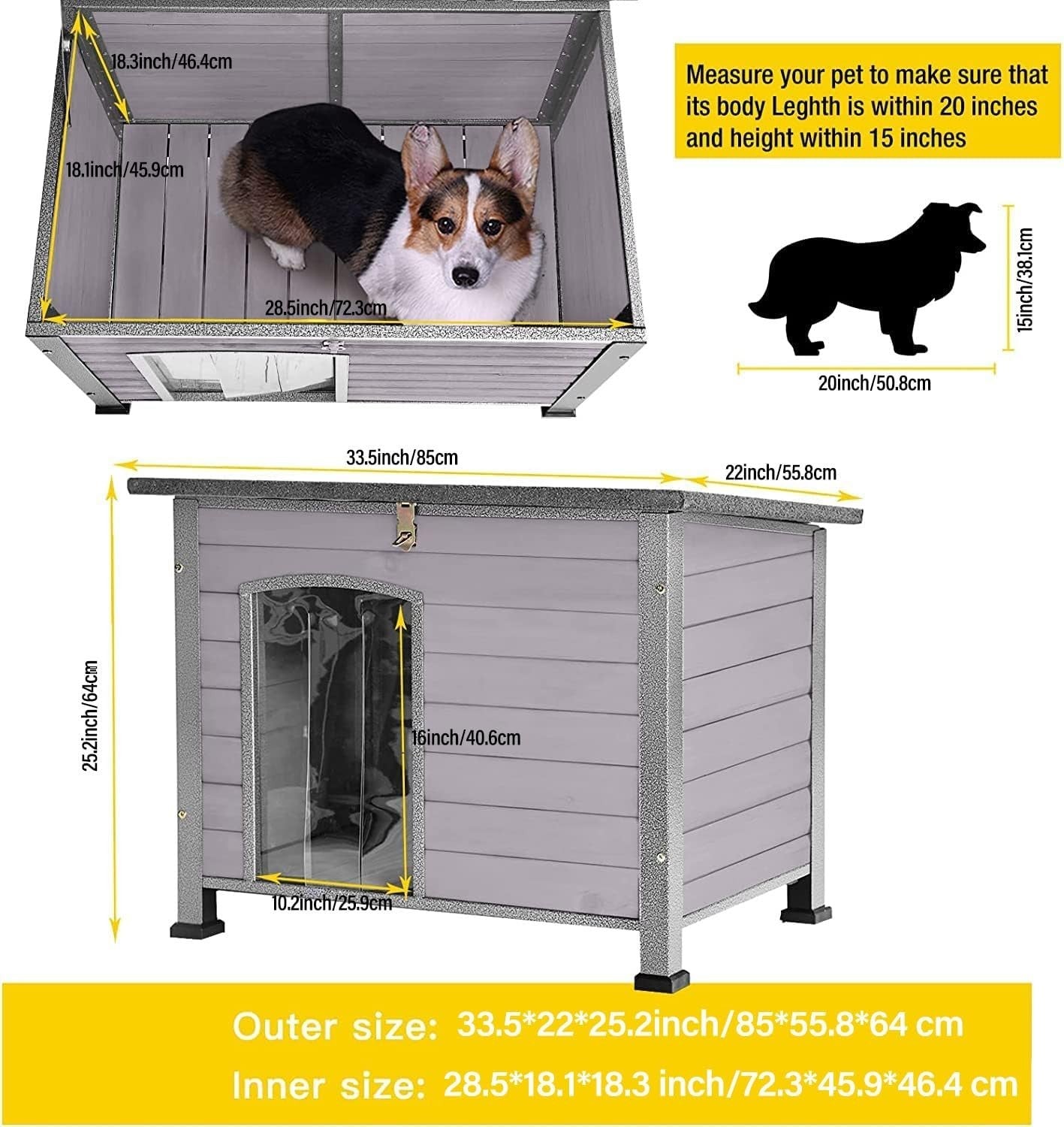Insulated Wooden Dog House with Iron Frame Weatherproof Kennel Indoor Outdoor - Kwikley