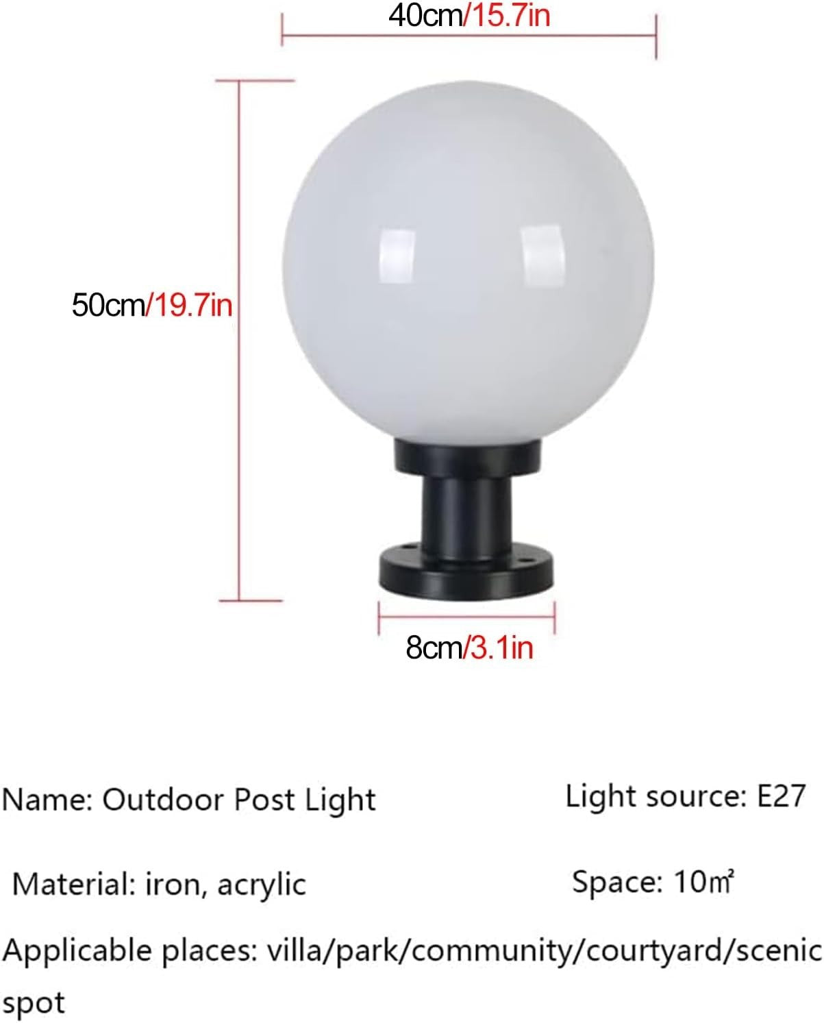 IP65 Outdoor Garden Post Light – Modern Globe E27 Pillar Lamp (30×40 cm) - Kwikley