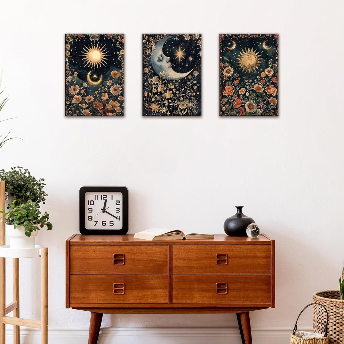 Islamic Floral Canvas Wall Art Set of 3 Sun Moon Gold Blue 40x60cm - Kwikley