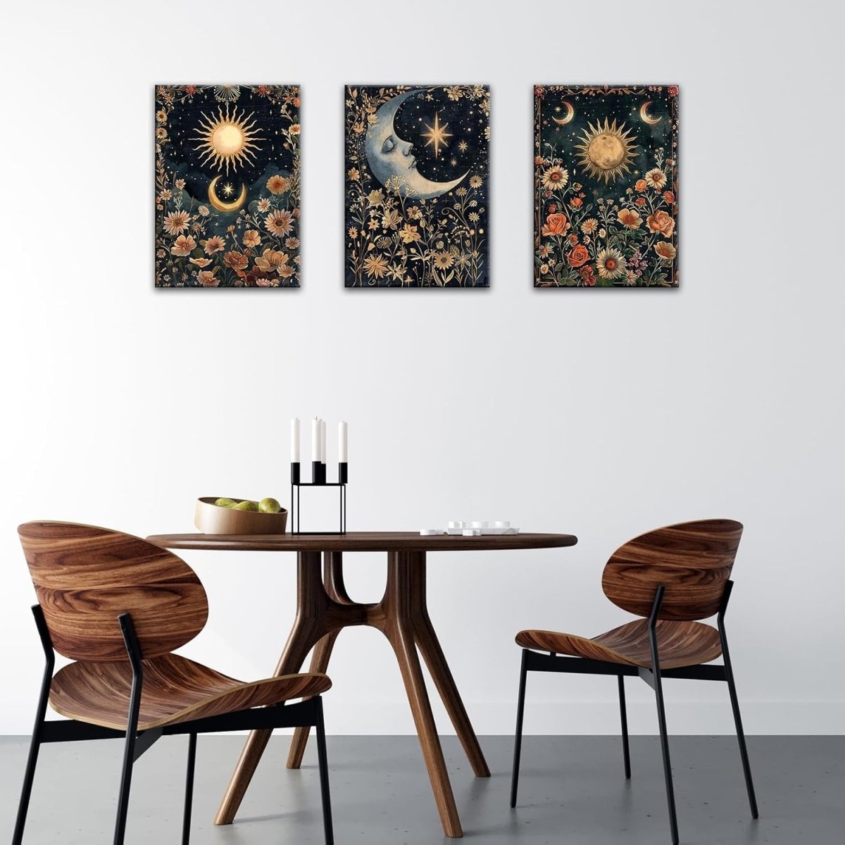Islamic Floral Canvas Wall Art Set of 3 Sun Moon Gold Blue 40x60cm - Kwikley
