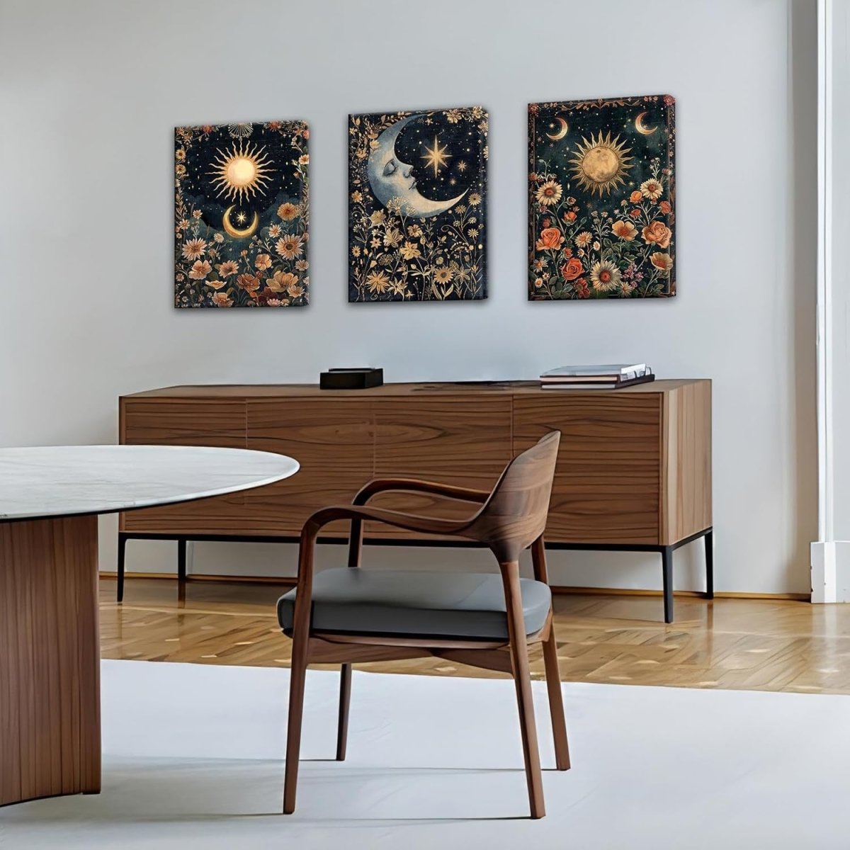 Islamic Floral Canvas Wall Art Set of 3 Sun Moon Gold Blue 40x60cm - Kwikley