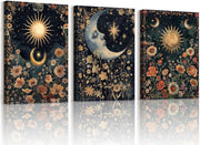 Islamic Floral Canvas Wall Art Set of 3 Sun Moon Gold Blue 40x60cm - Kwikley