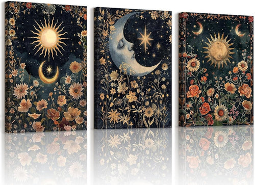 Islamic Floral Canvas Wall Art Set of 3 Sun Moon Gold Blue 40x60cm - Kwikley