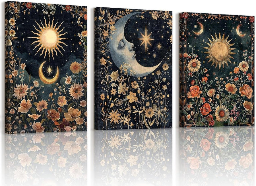 Islamic Floral Canvas Wall Art Set of 3 Sun Moon Gold Blue 40x60cm - Kwikley