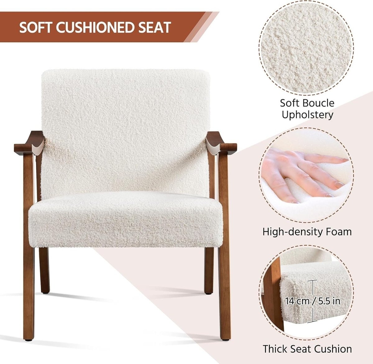 Ivory Bouclé Accent Chair Retro Armchair Comfy Lounge Seat Wood Legs - Kwikley