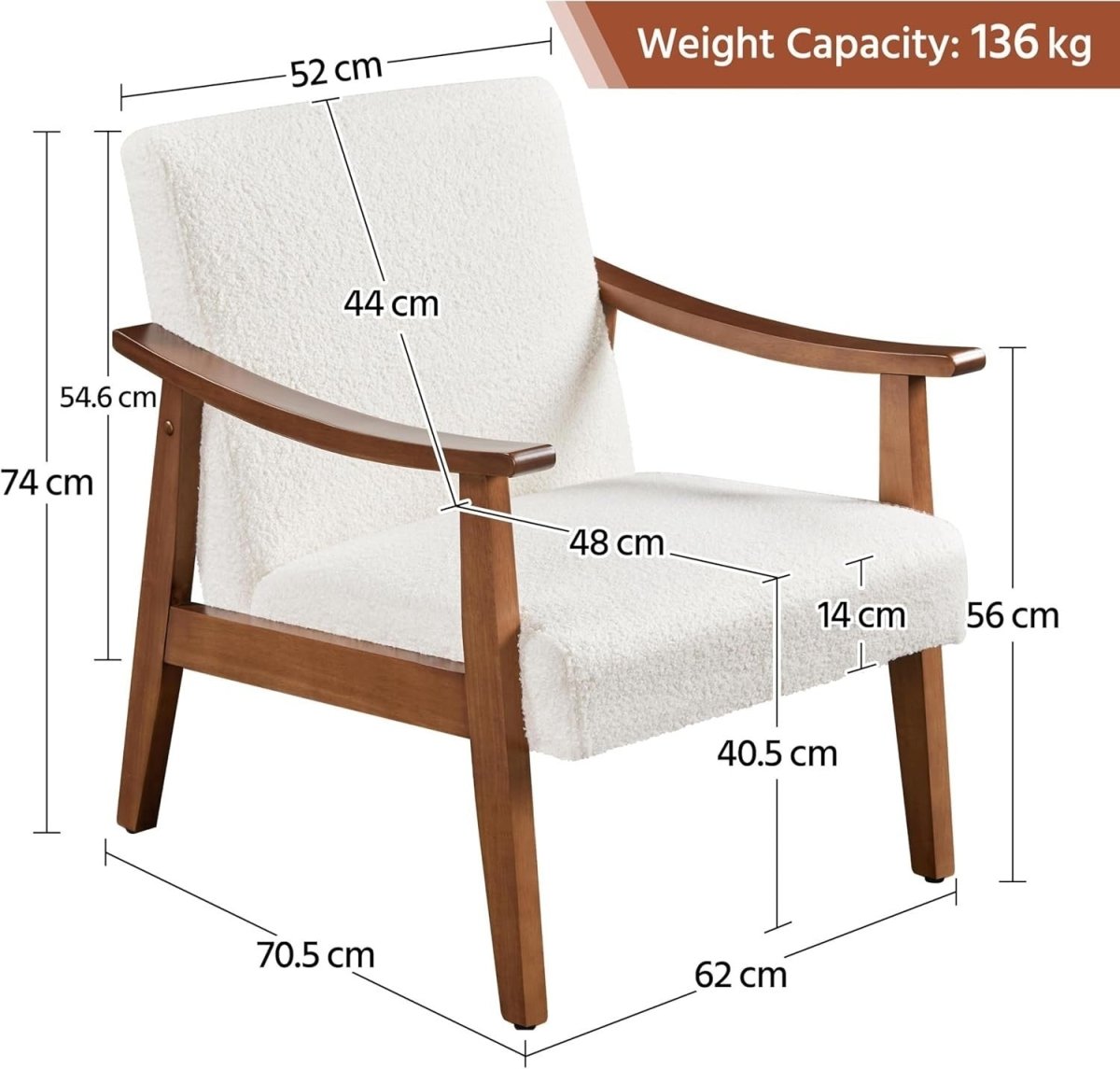 Ivory Bouclé Accent Chair Retro Armchair Comfy Lounge Seat Wood Legs - Kwikley