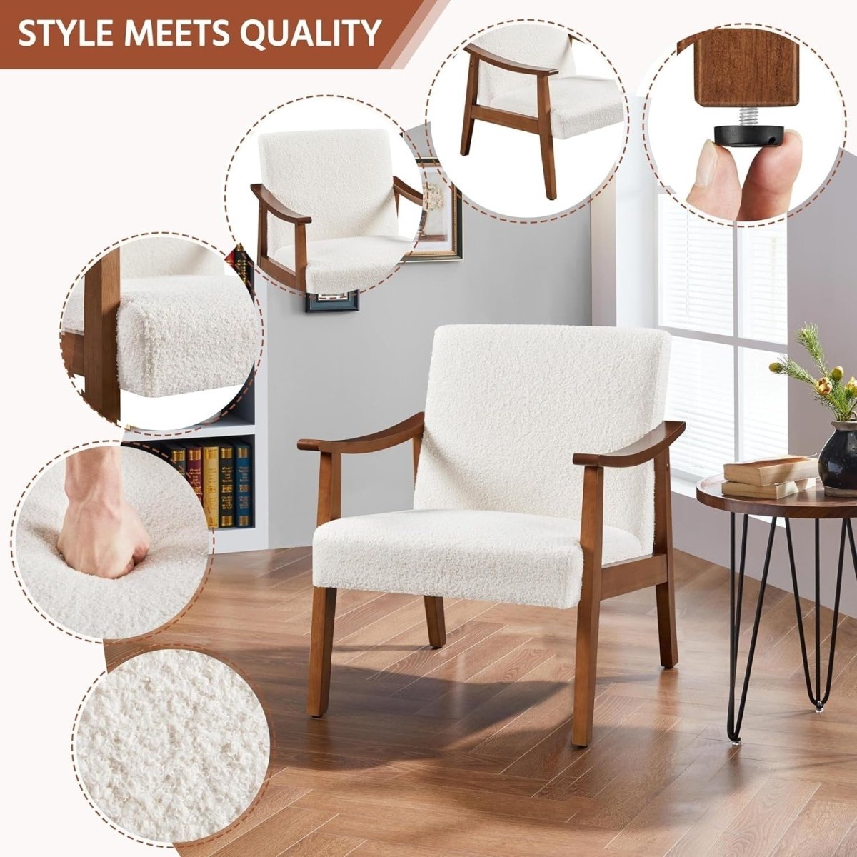Ivory Bouclé Accent Chair Retro Armchair Comfy Lounge Seat Wood Legs - Kwikley