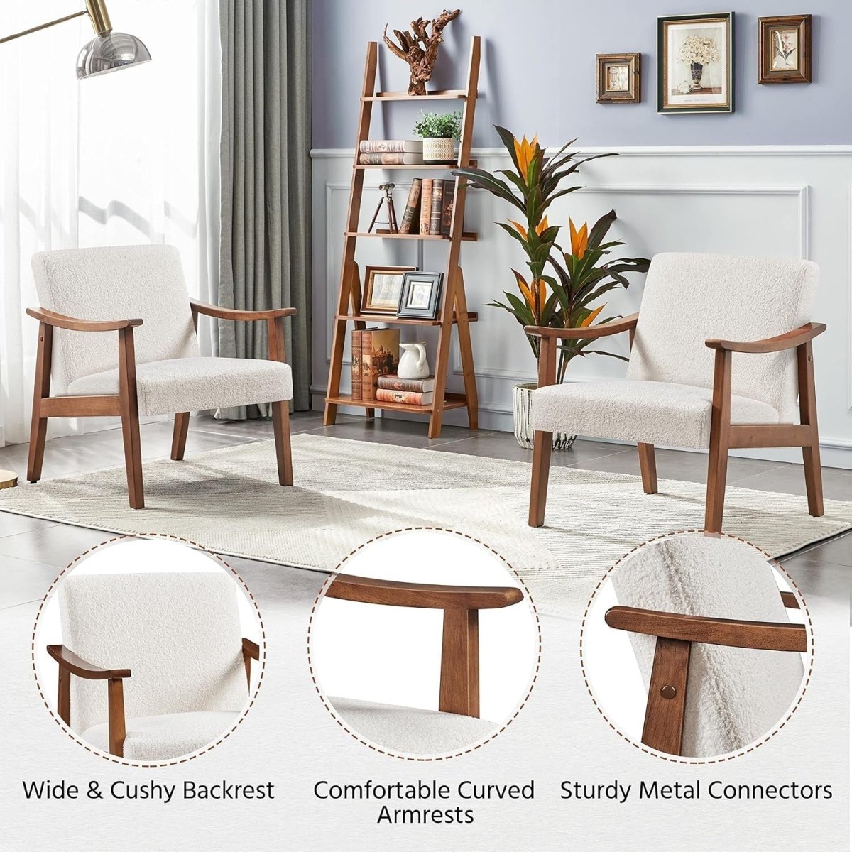 Ivory Bouclé Accent Chair Retro Armchair Comfy Lounge Seat Wood Legs - Kwikley