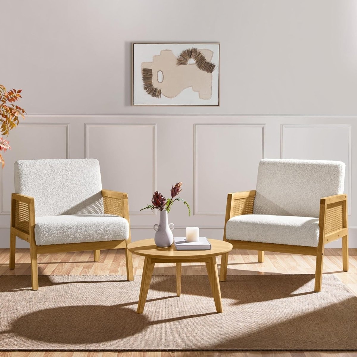 Ivory Boucle Accent Chair w/ Rattan Sides – Modern Armchair - Kwikley