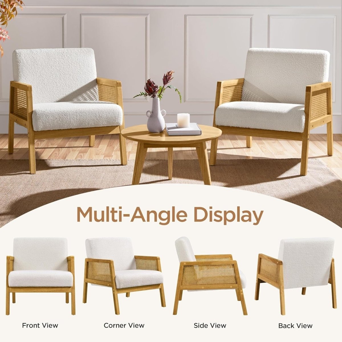 Ivory Boucle Accent Chair w/ Rattan Sides – Modern Armchair - Kwikley