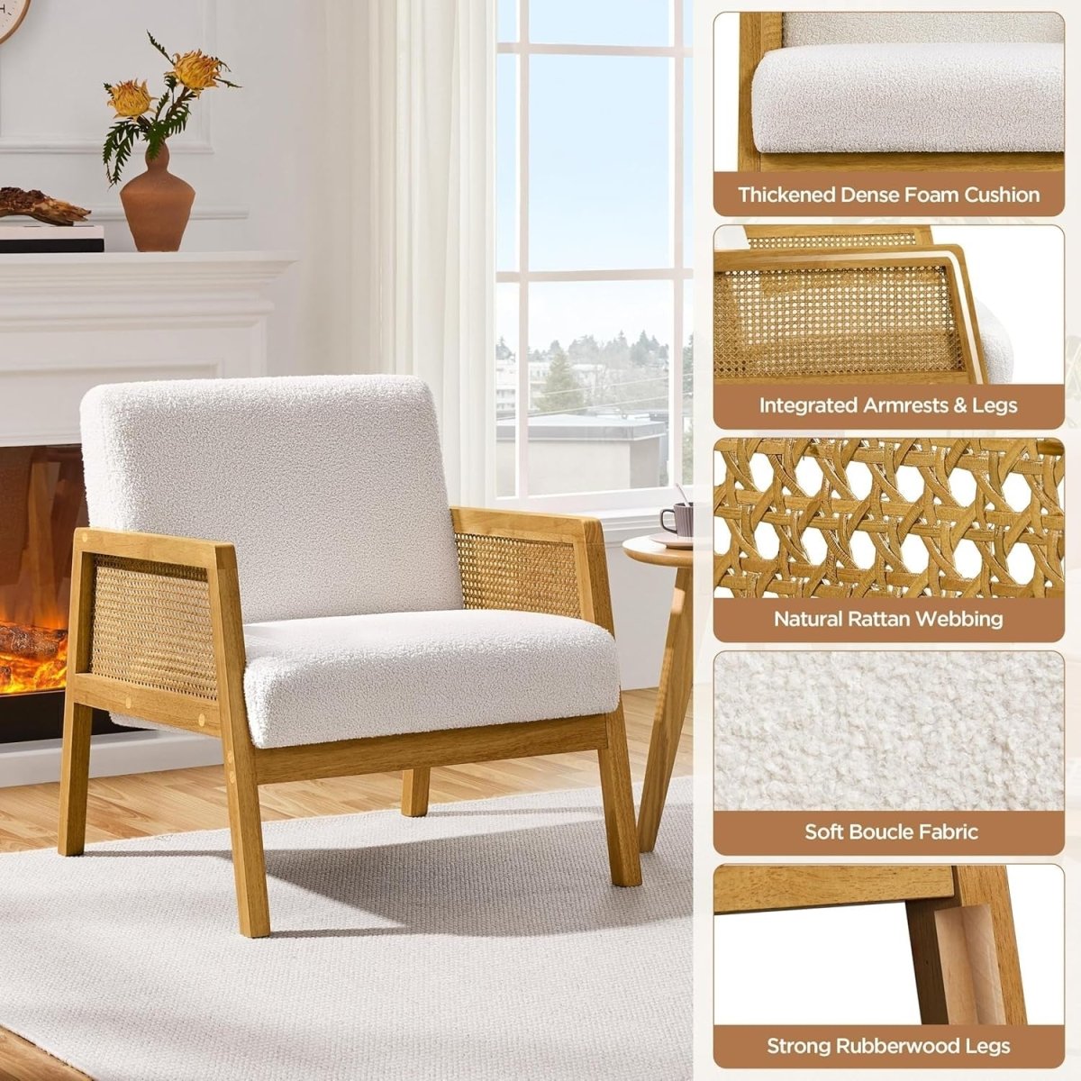 Ivory Boucle Accent Chair w/ Rattan Sides – Modern Armchair - Kwikley
