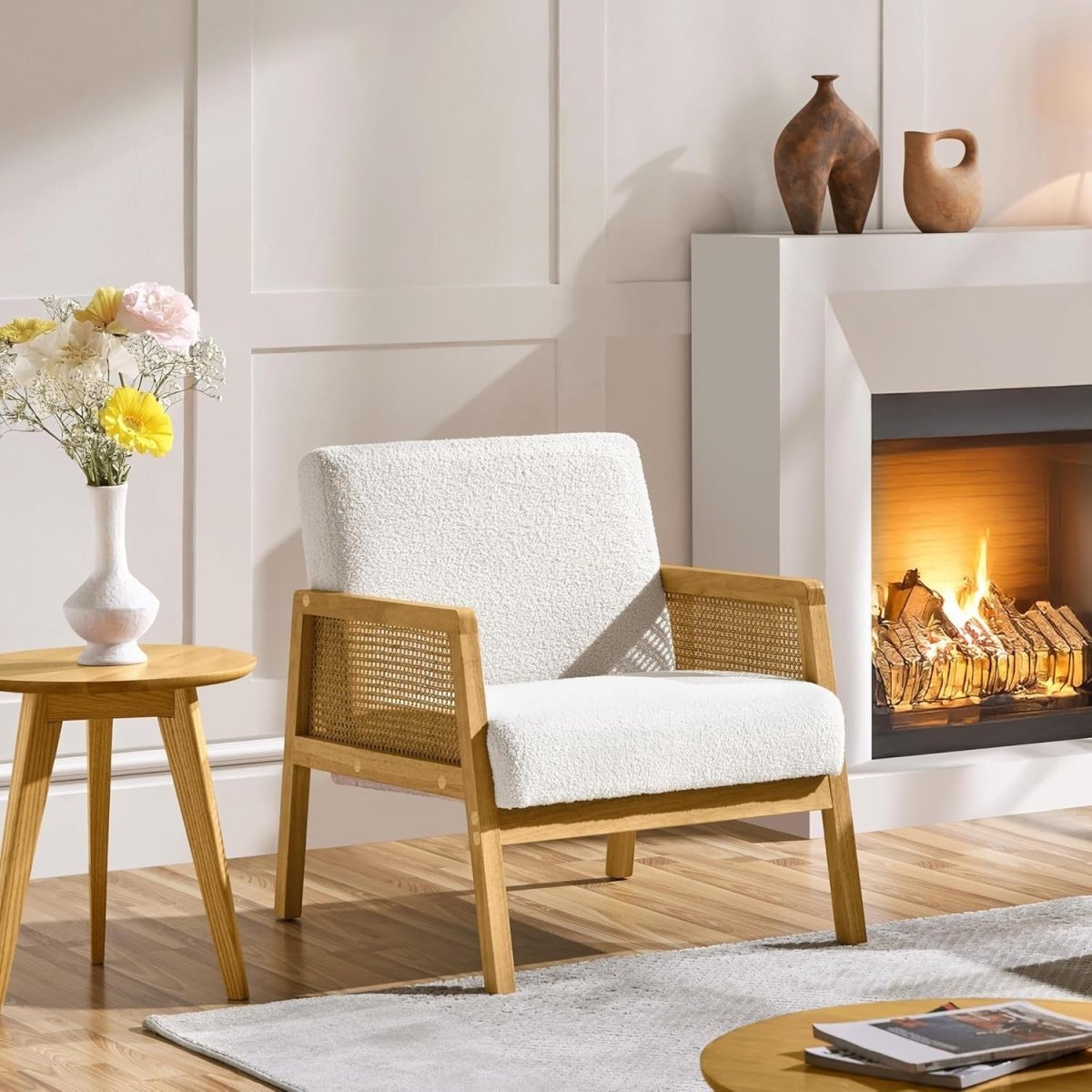 Ivory Boucle Accent Chair w/ Rattan Sides – Modern Armchair - Kwikley