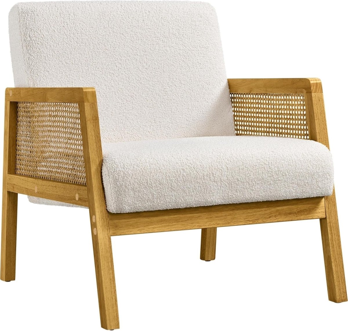 Ivory Boucle Accent Chair w/ Rattan Sides – Modern Armchair - Kwikley