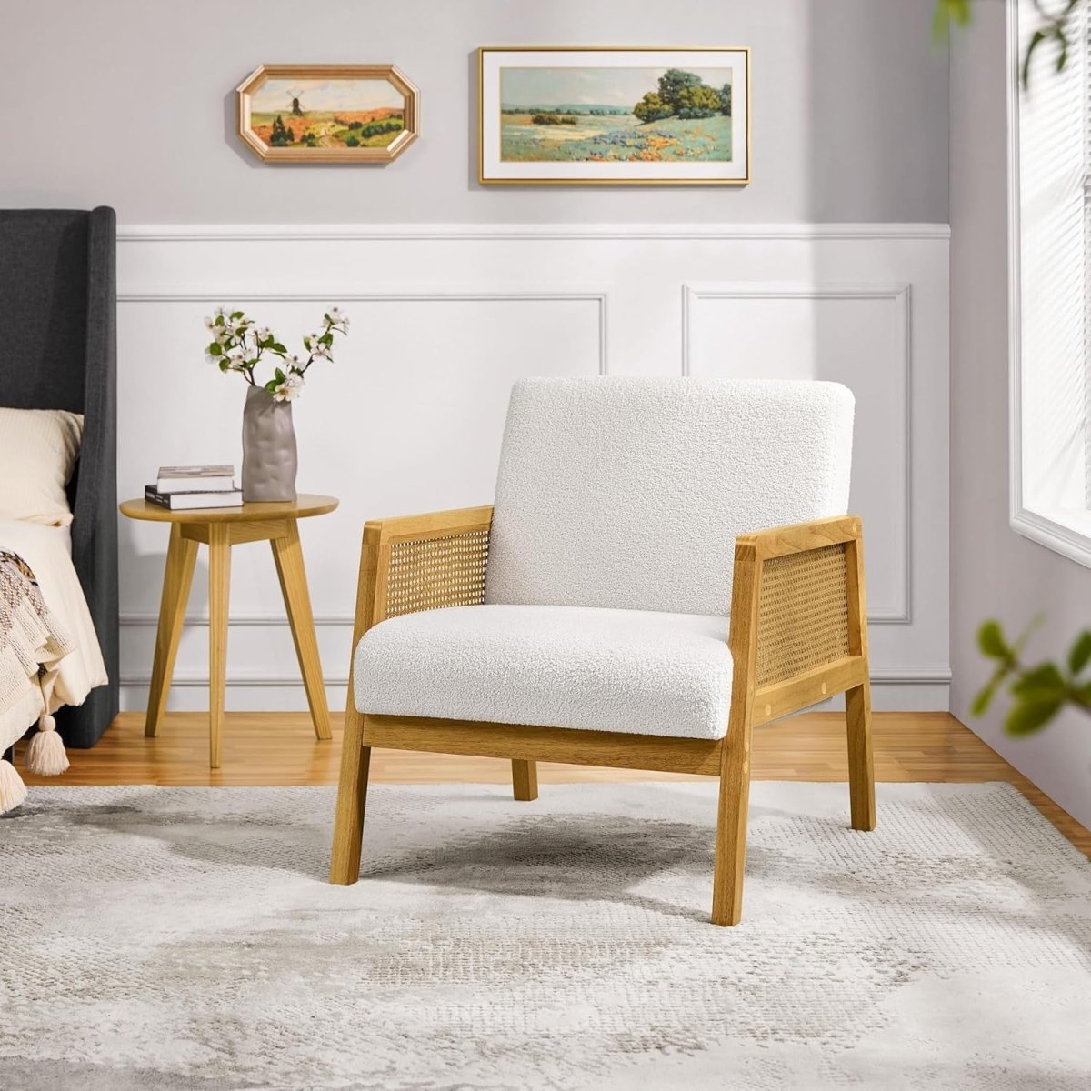 Ivory Boucle Accent Chair w/ Rattan Sides – Modern Armchair - Kwikley