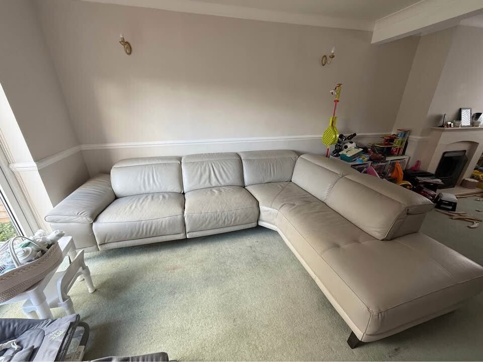 Ivory/Beige Reclining Leather Corner Sofa (PTP) - Kwikley