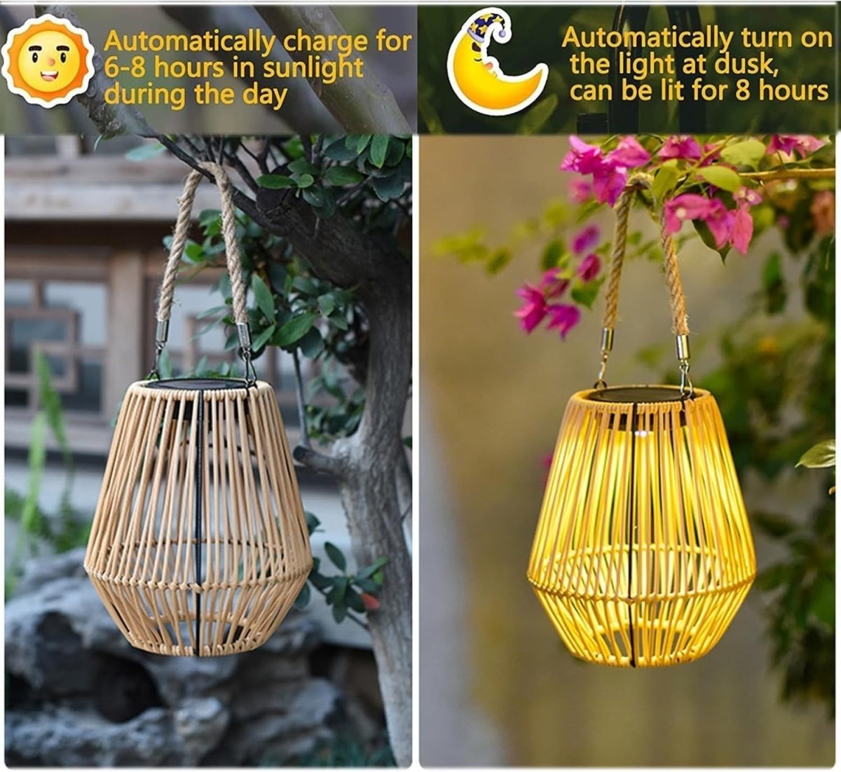 Japanese Hanging Solar Lantern – Rattan Outdoor Garden Light (Size J) - Kwikley