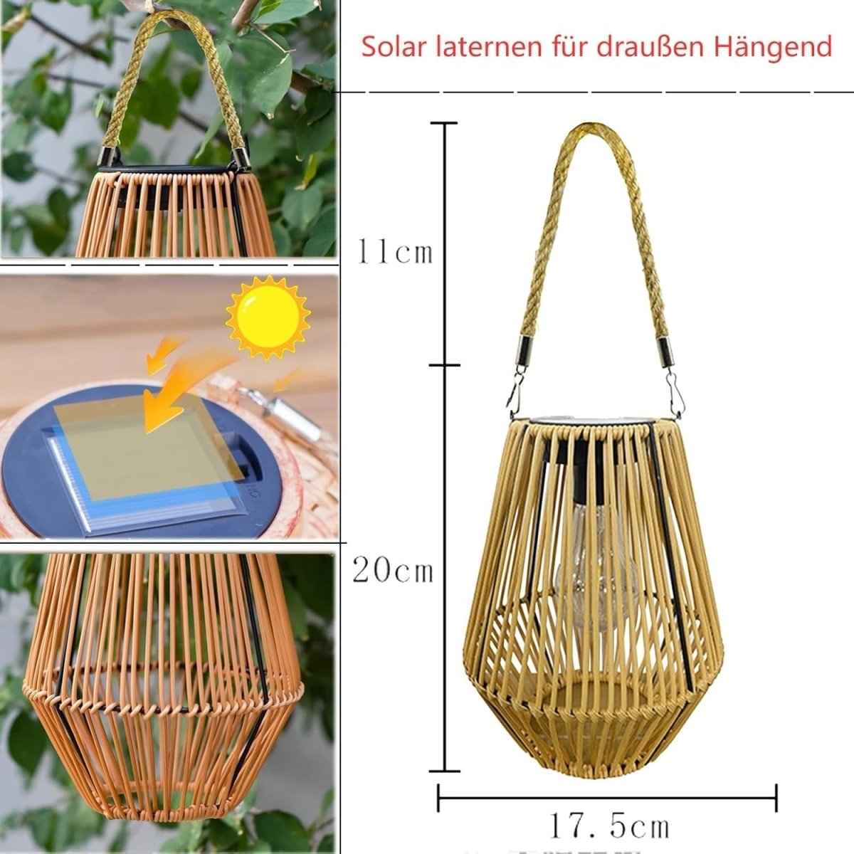 Japanese Hanging Solar Lantern – Rattan Outdoor Garden Light (Size J) - Kwikley