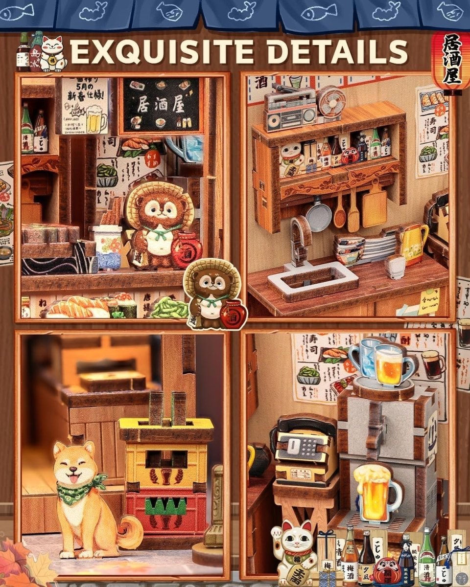 Japanese Izakaya Book Nook Kit 3D Wooden Puzzle LED Bookshelf Decor - Kwikley