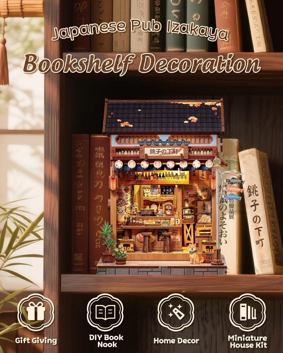 Japanese Izakaya Book Nook Kit 3D Wooden Puzzle LED Bookshelf Decor - Kwikley