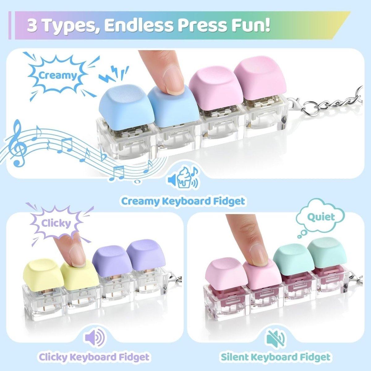 Keyboard Fidget Clicker Keychain 3 Pack Silent Clicky Creamy Stress Toy - Kwikley