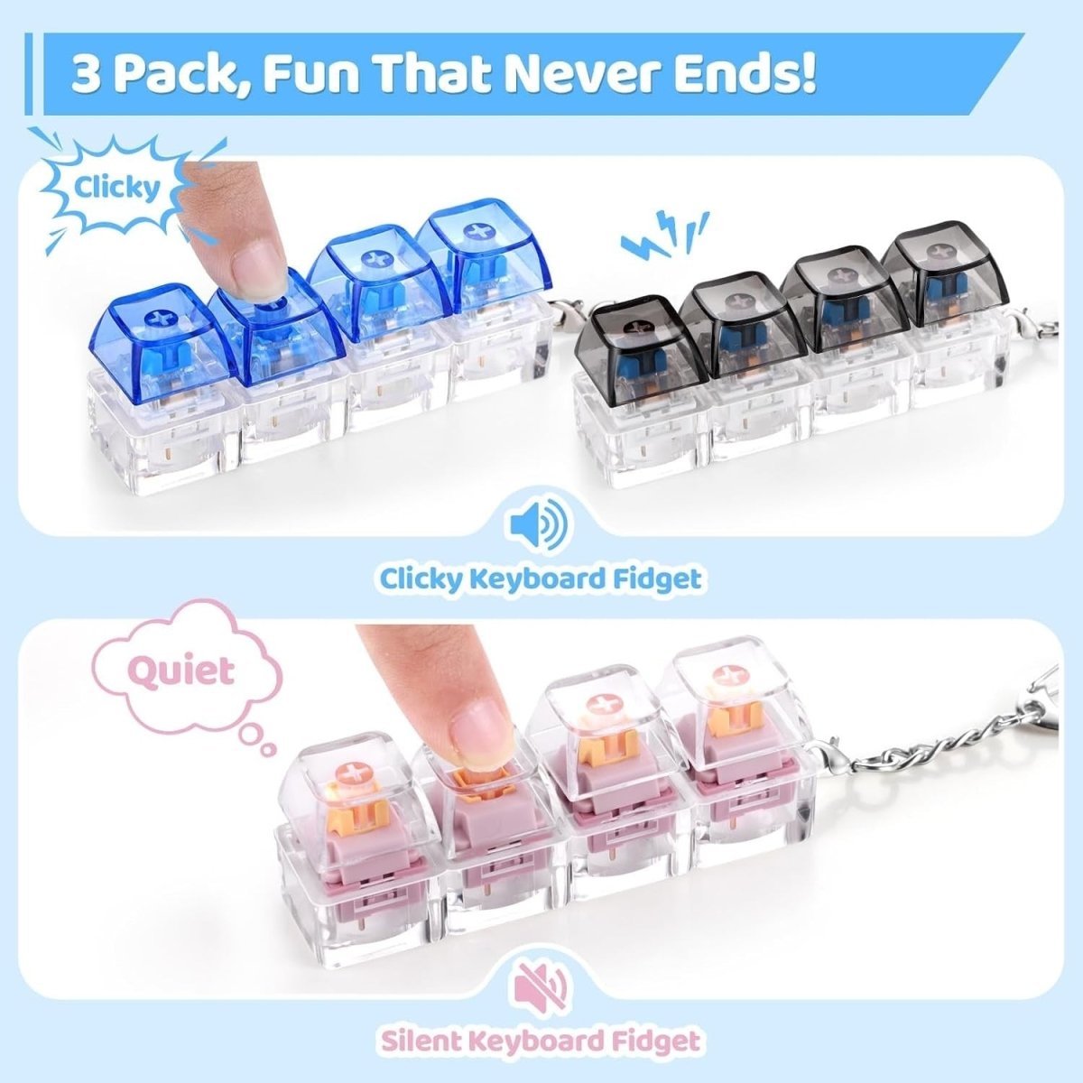 Keyboard Fidget Clicker Keychain 3 Pack Silent Clicky Stress Relief Toy - Kwikley