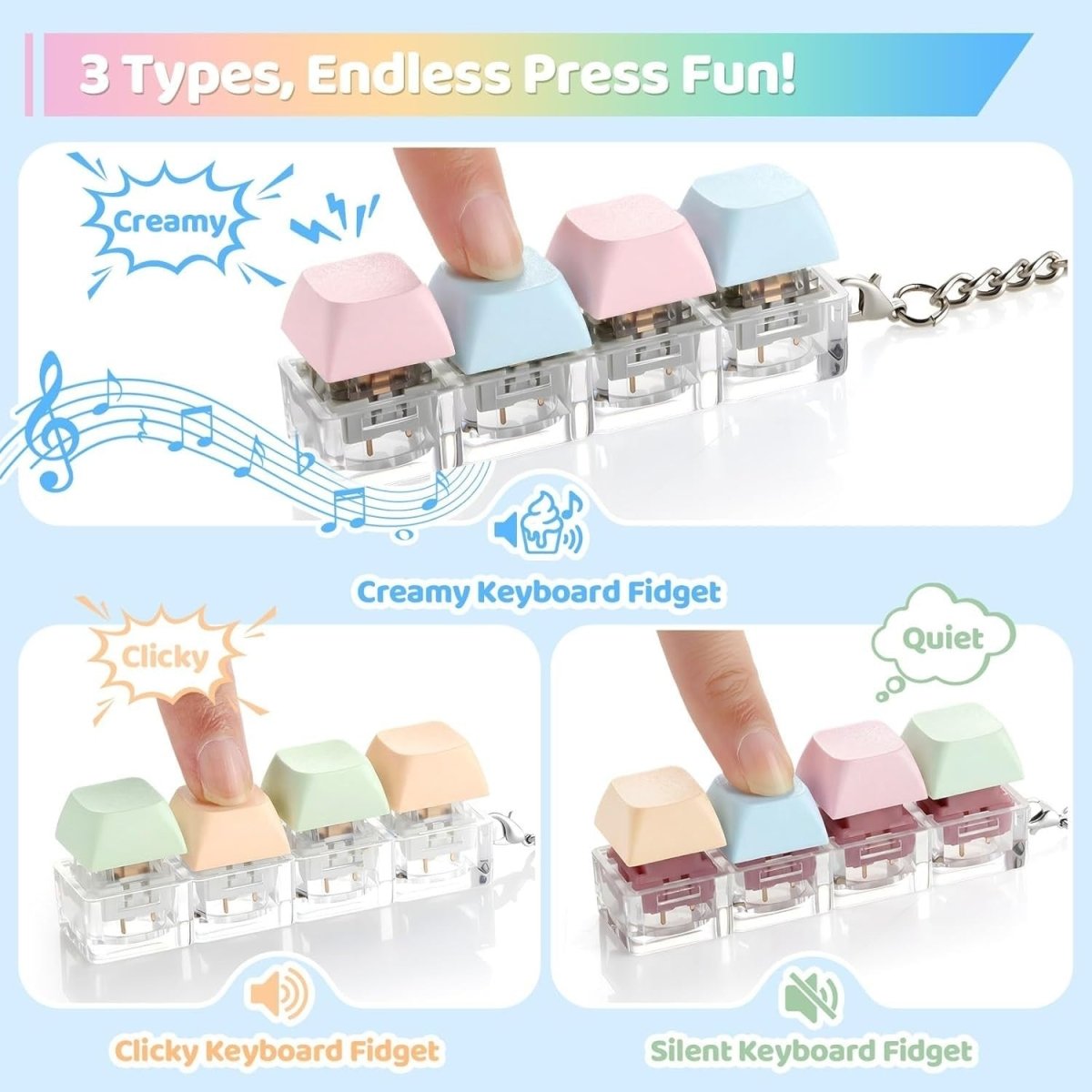 Keyboard Fidget Clicker Keychain Silent Clicky Stress Relief Focus Toy - Kwikley