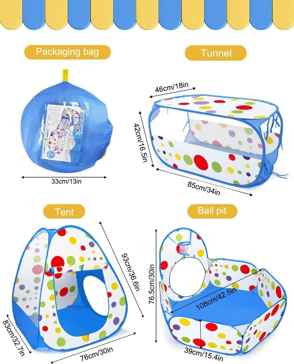 Kids 3in1 Pop Up Play Tent Tunnel Ball Pit Indoor Outdoor Set - Kwikley