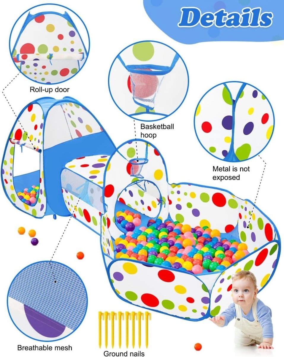 Kids 3in1 Pop Up Play Tent Tunnel Ball Pit Indoor Outdoor Set - Kwikley