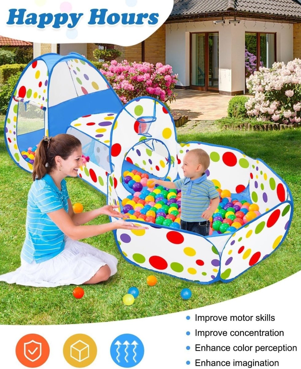 Kids 3in1 Pop Up Play Tent Tunnel Ball Pit Indoor Outdoor Set - Kwikley