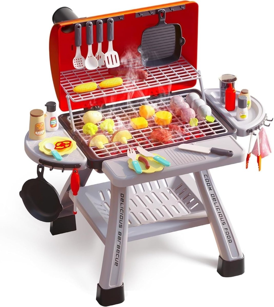 Kids BBQ Grill Playset Smoke Lights Sounds Pretend Kitchen Toy Set - Kwikley