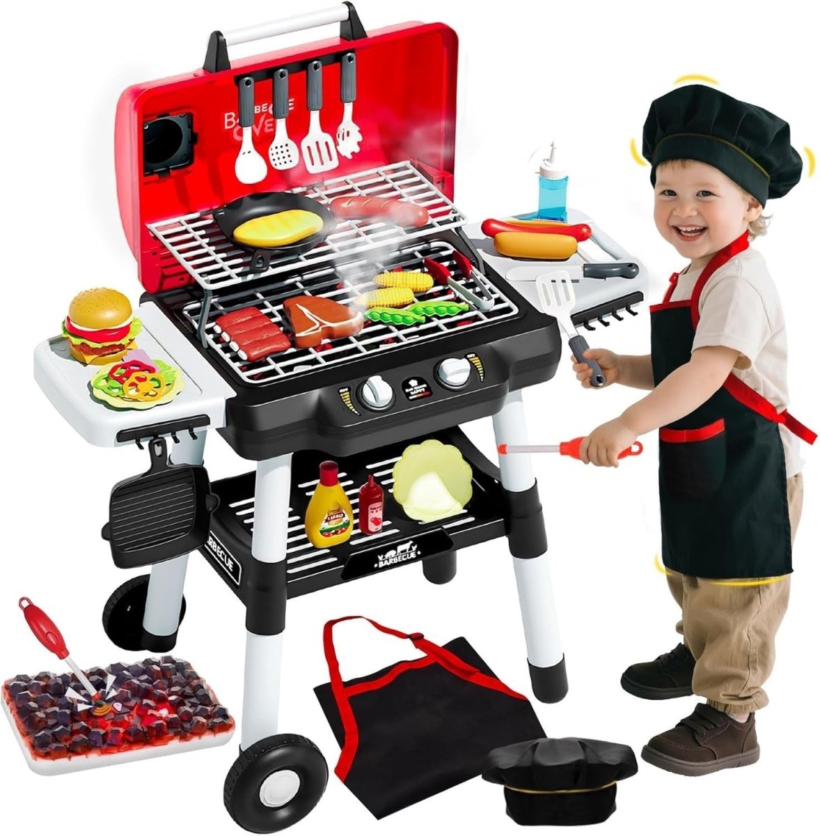 Kids BBQ Grill Playset w/ Smoke Sound Light Chef Apron 33PCS - Kwikley