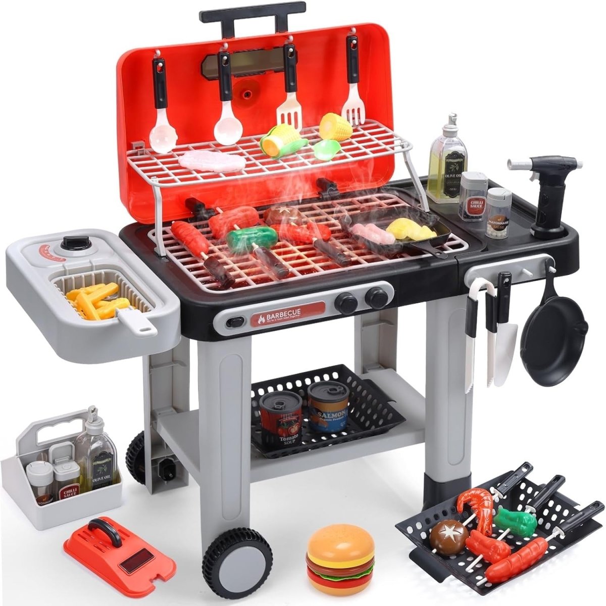 Kids BBQ Grill Toy Set w/ Lights Sounds Mist Spray Red Kitchen - Kwikley