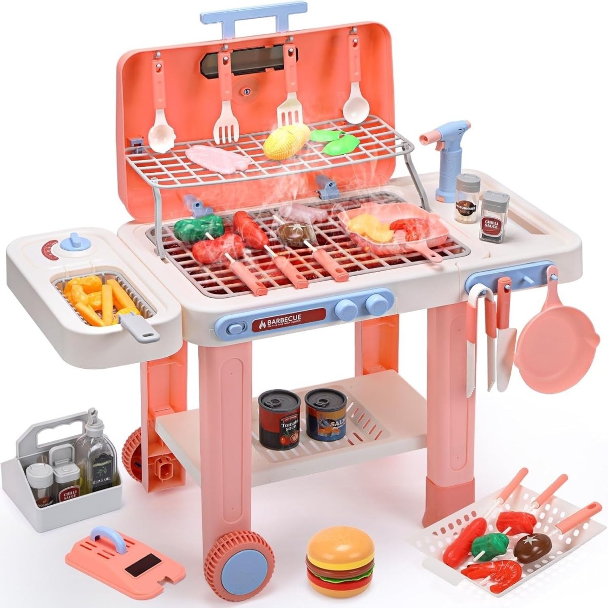 Kids BBQ Grill Toy Set w/ Mist Spray Lights Sounds Color Change - Kwikley