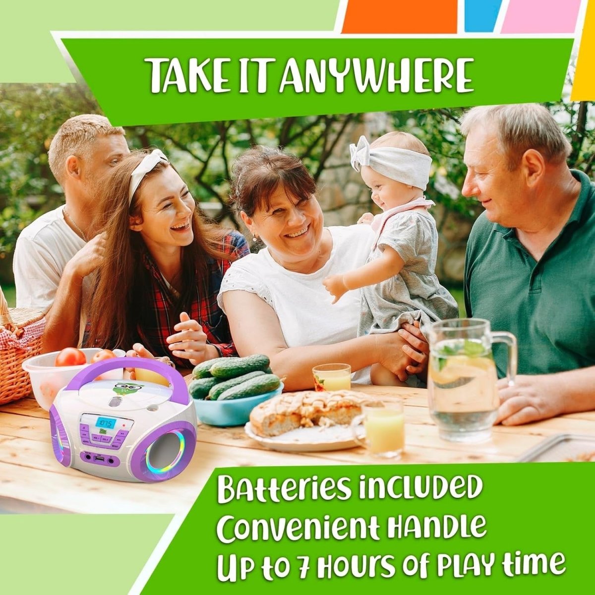 Kids Boombox CD Player FM Radio RGB Lights Portable Stereo Purple - Kwikley