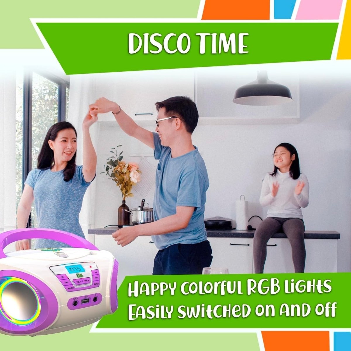 Kids Boombox CD Player FM Radio RGB Lights Portable Stereo Purple - Kwikley