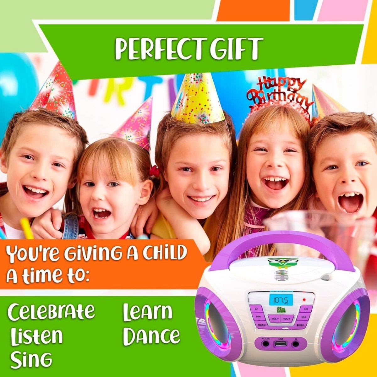 Kids Boombox CD Player FM Radio RGB Lights Portable Stereo Purple - Kwikley
