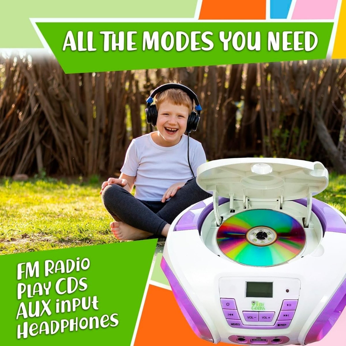 Kids Boombox CD Player FM Radio RGB Lights Portable Stereo Purple - Kwikley