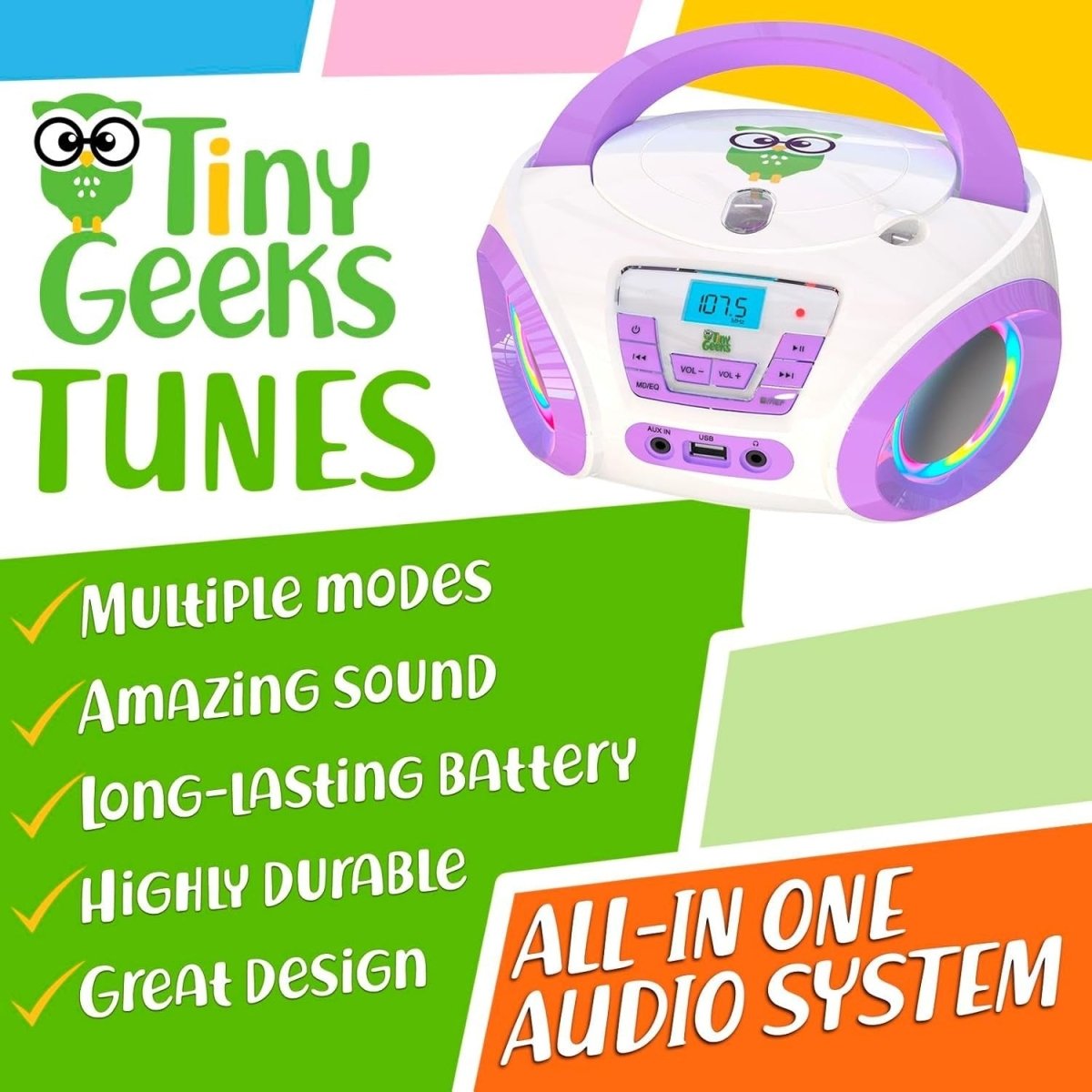 Kids Boombox CD Player FM Radio RGB Lights Portable Stereo Purple - Kwikley