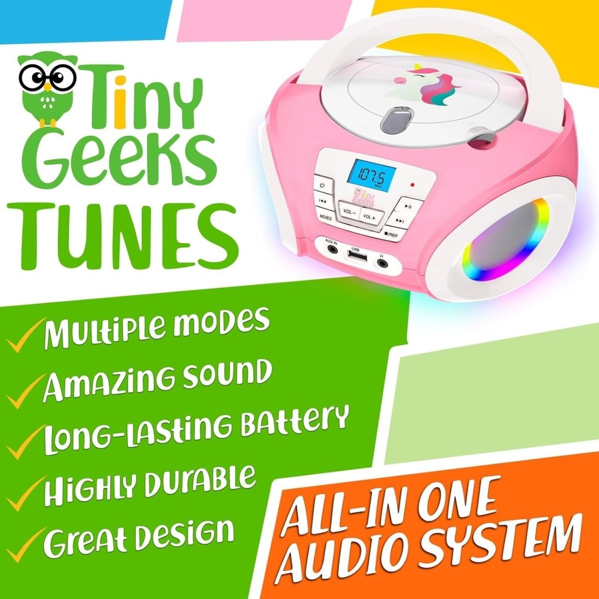 Kids Boombox CD Player FM Radio Stereo Speakers Lights Rose - Kwikley
