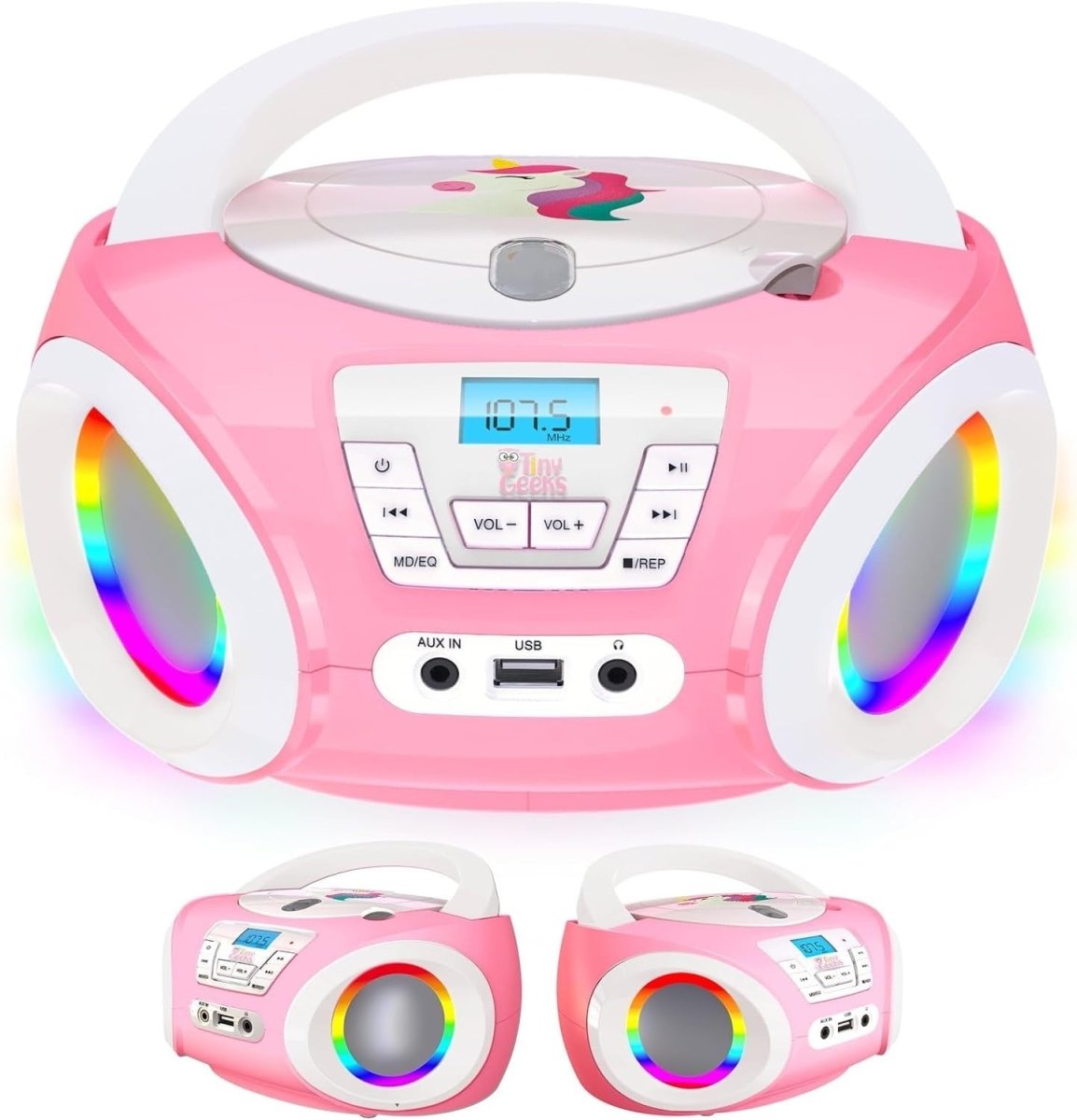 Kids Boombox CD Player FM Radio Stereo Speakers Lights Rose - Kwikley
