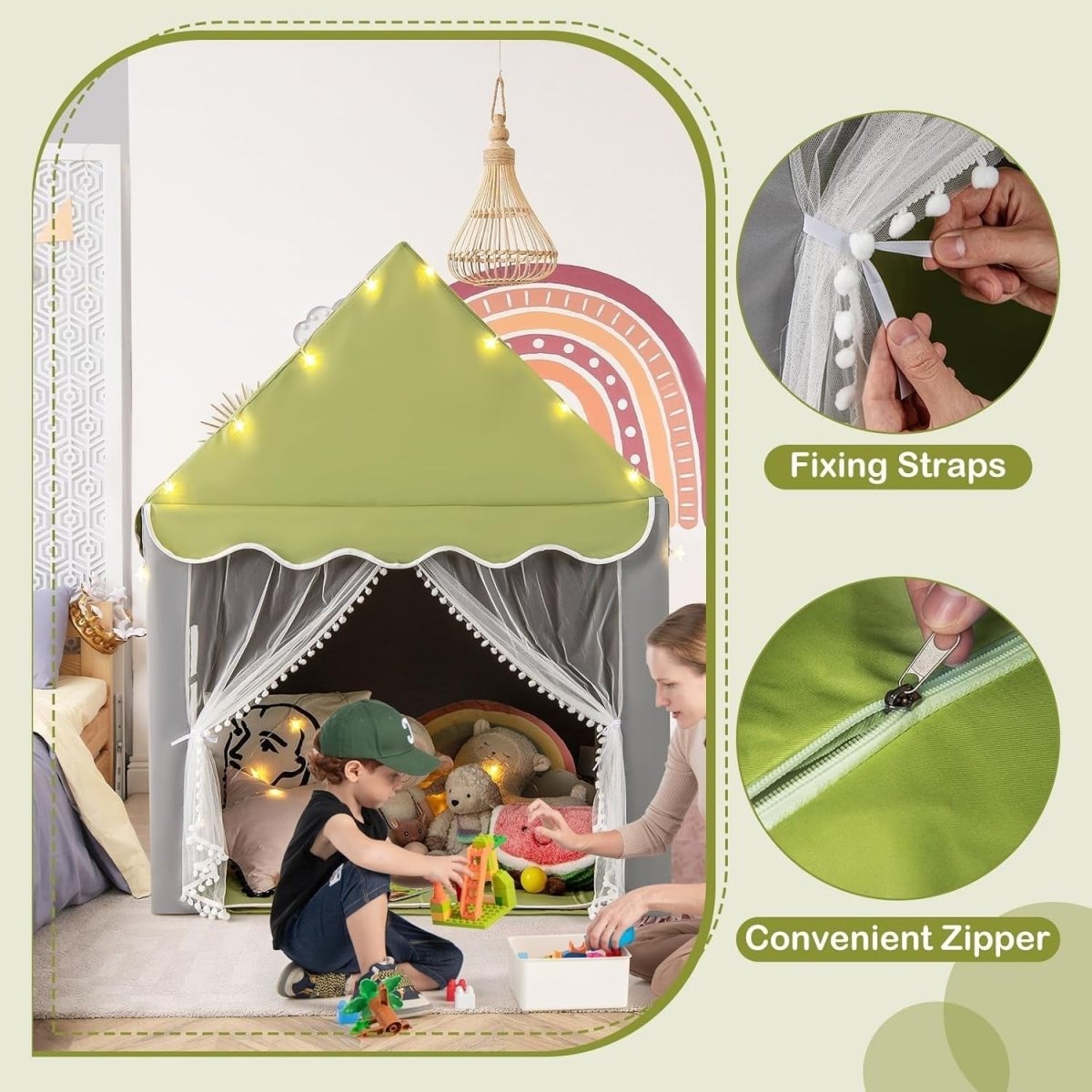 Kids Castle Play Tent Indoor Outdoor w/ Lights Mat Girls Boys Gift - Kwikley