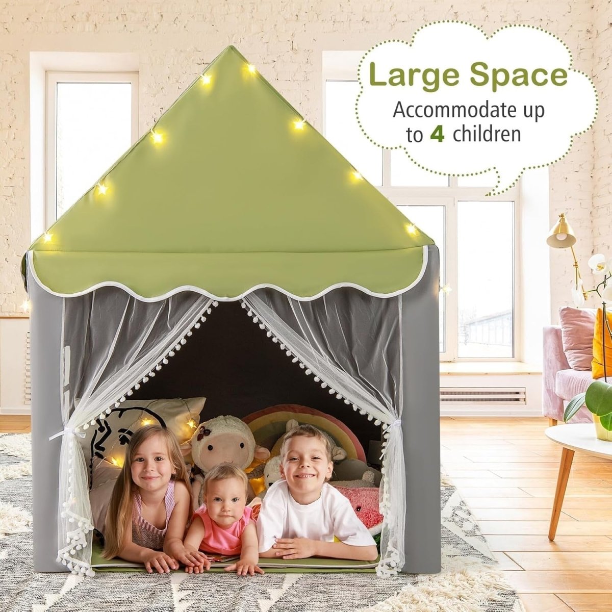 Kids Castle Play Tent Indoor Outdoor w/ Lights Mat Girls Boys Gift - Kwikley