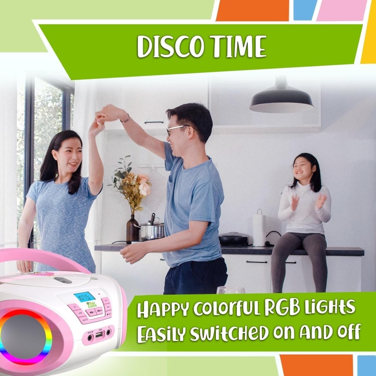 Kids CD Player FM Radio RGB Lights Portable Stereo Pink Batteries - Kwikley