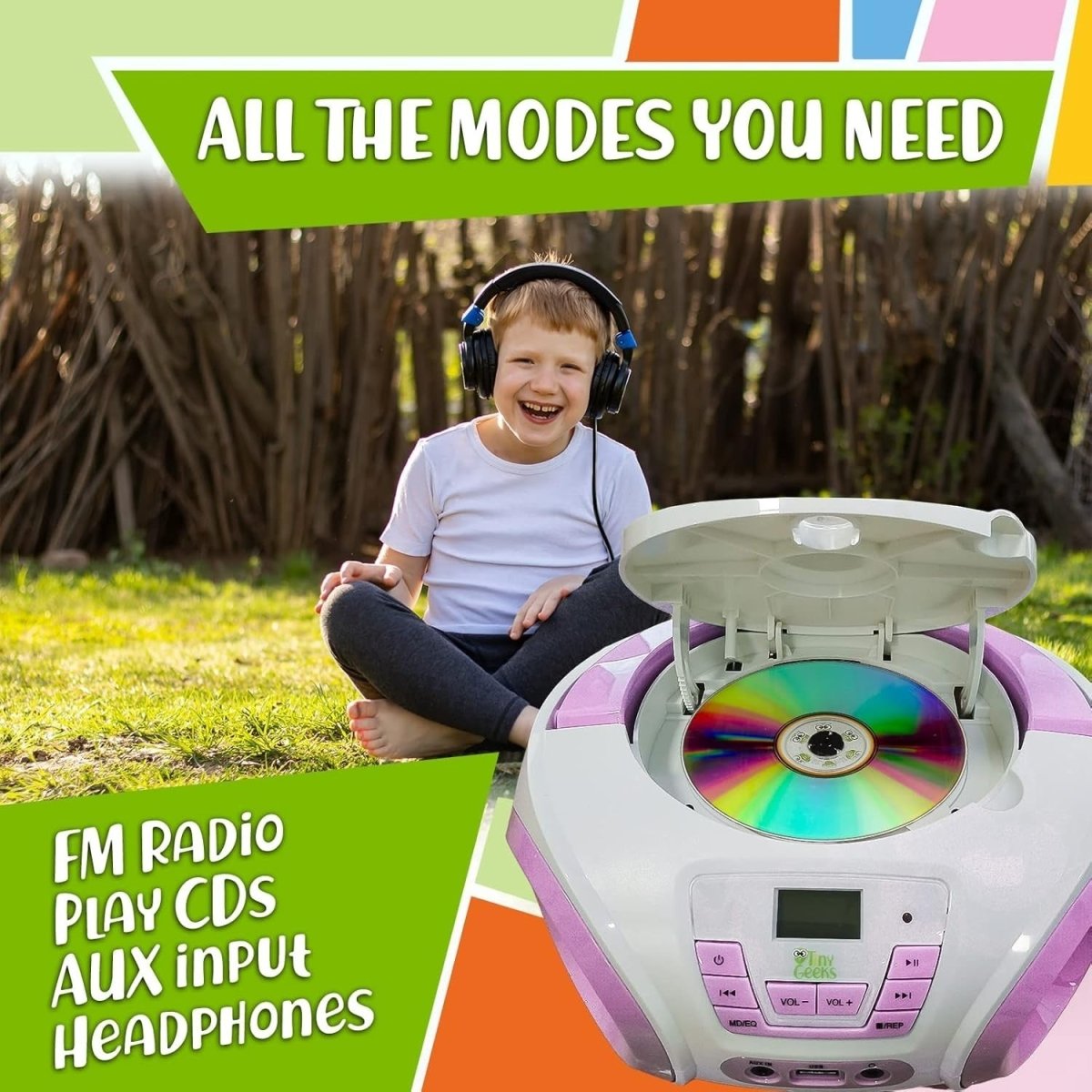 Kids CD Player FM Radio RGB Lights Portable Stereo Pink Batteries - Kwikley