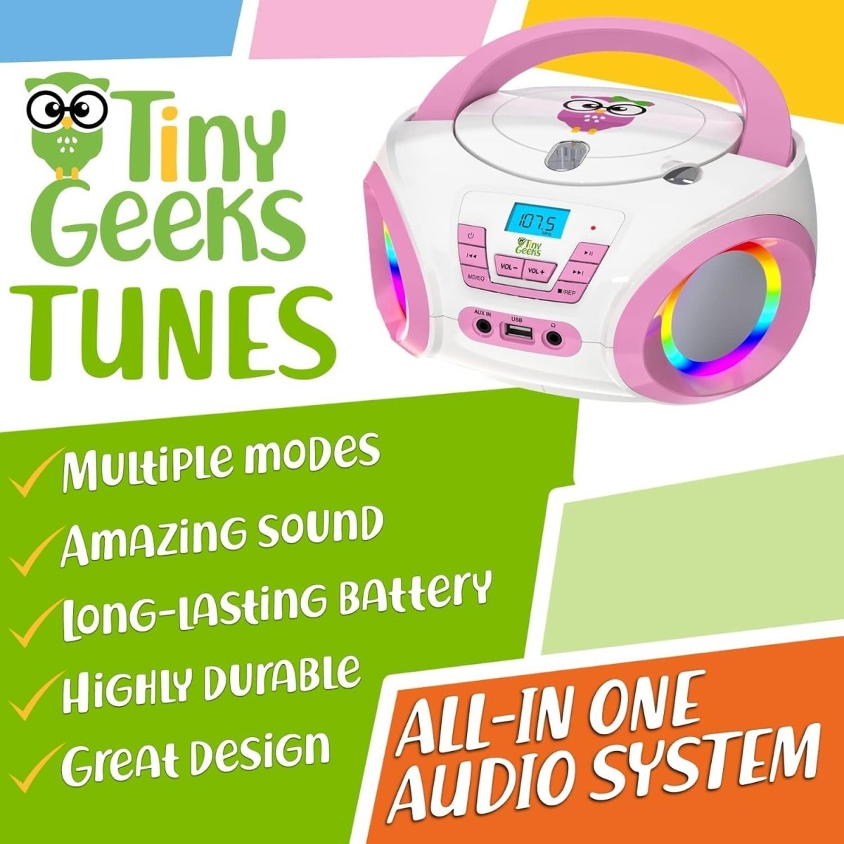 Kids CD Player FM Radio RGB Lights Portable Stereo Pink Batteries - Kwikley