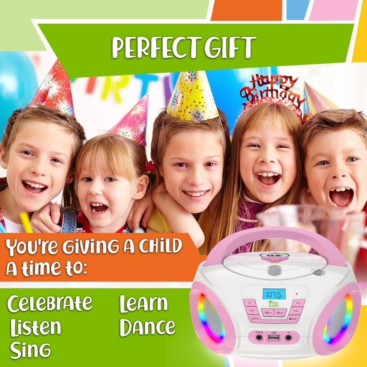 Kids CD Player FM Radio RGB Lights Portable Stereo Pink Batteries - Kwikley