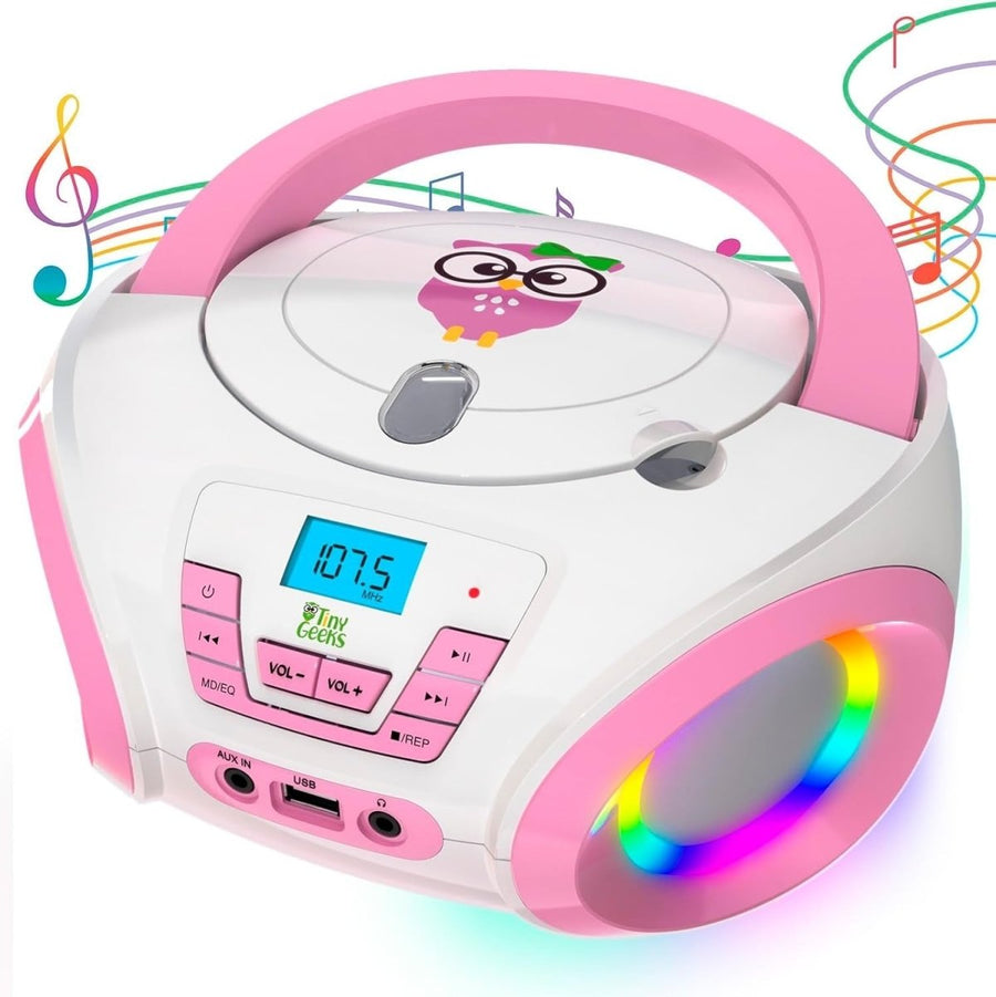 Kids CD Player FM Radio RGB Lights Portable Stereo Pink Batteries - Kwikley